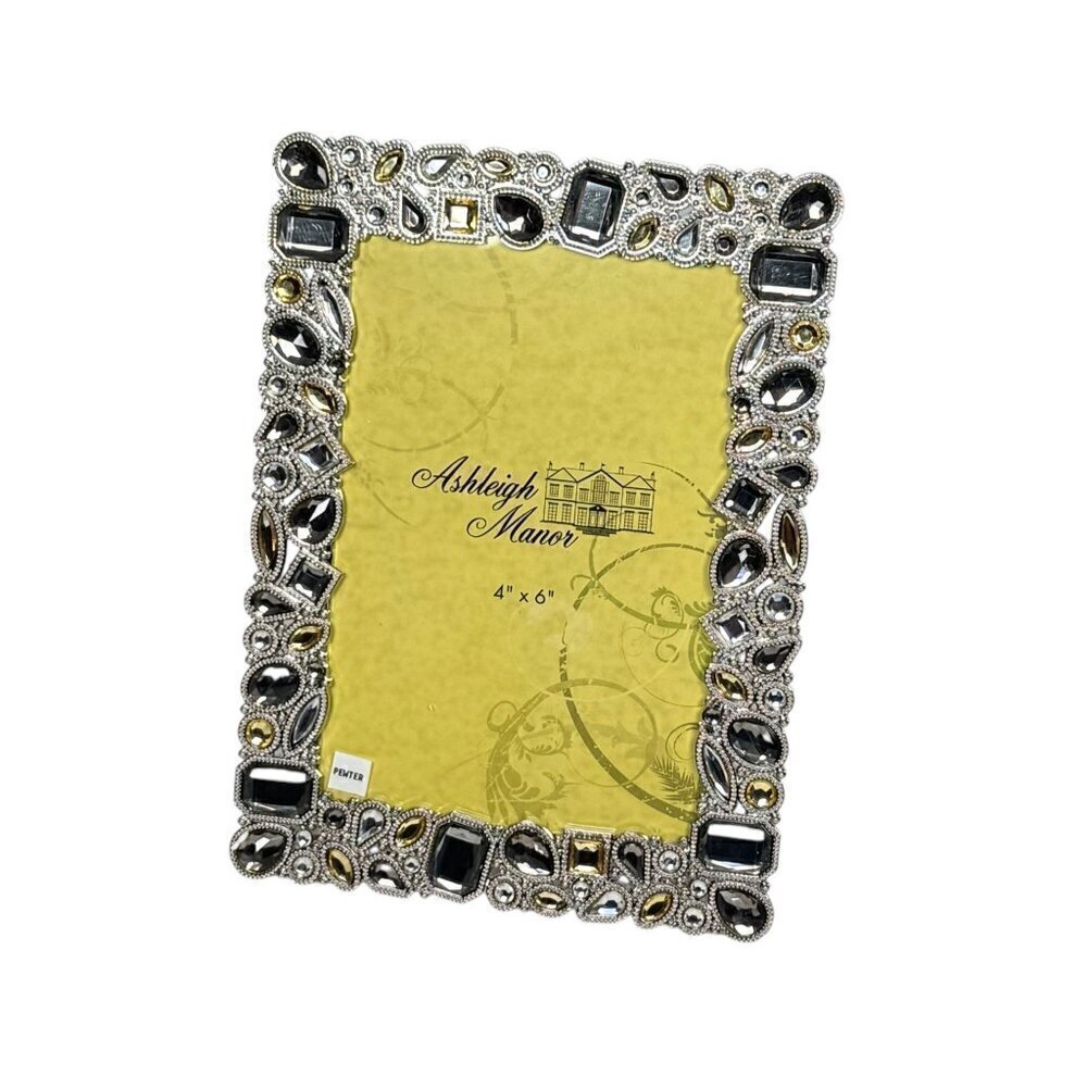 Ashleigh Manor Jeweled Photo Frame Metal Pewter Gemstone 4”x6” Silver Gray